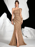 Women’s One-Shoulder Sequin Gown – Long Sleeve with Side Slit