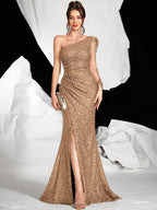 Women’s One-Shoulder Sequin Gown – Long Sleeve with Side Slit