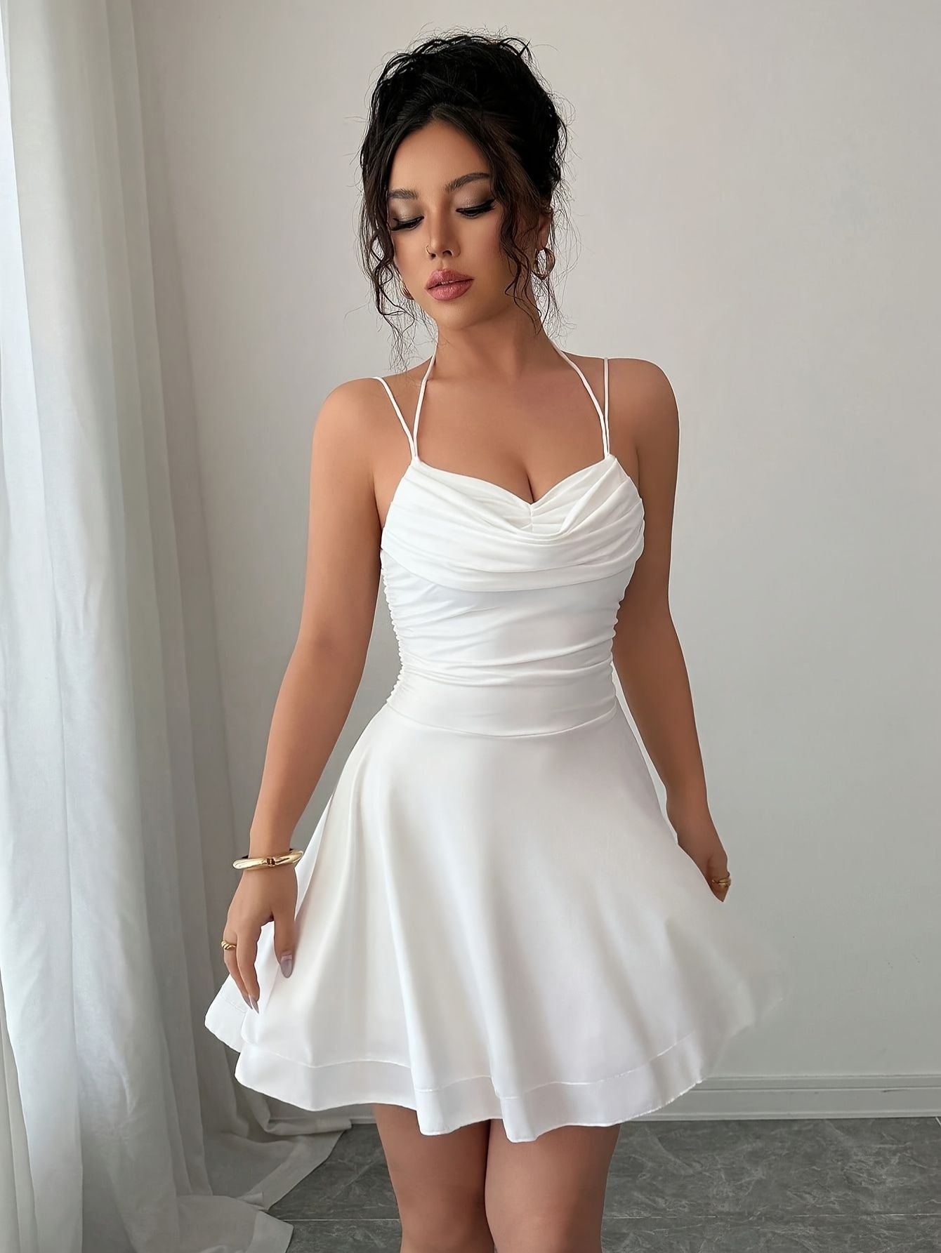 Women’s Drape Neck Sleeveless Ruffle Hem Dress
