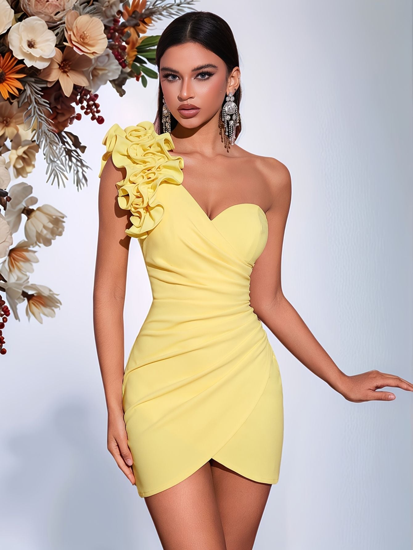 Women’s One-Shoulder Pleated Dress – Backless with Tie-Up Detail
