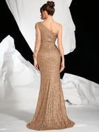 Women’s One-Shoulder Sequin Gown – Long Sleeve with Side Slit