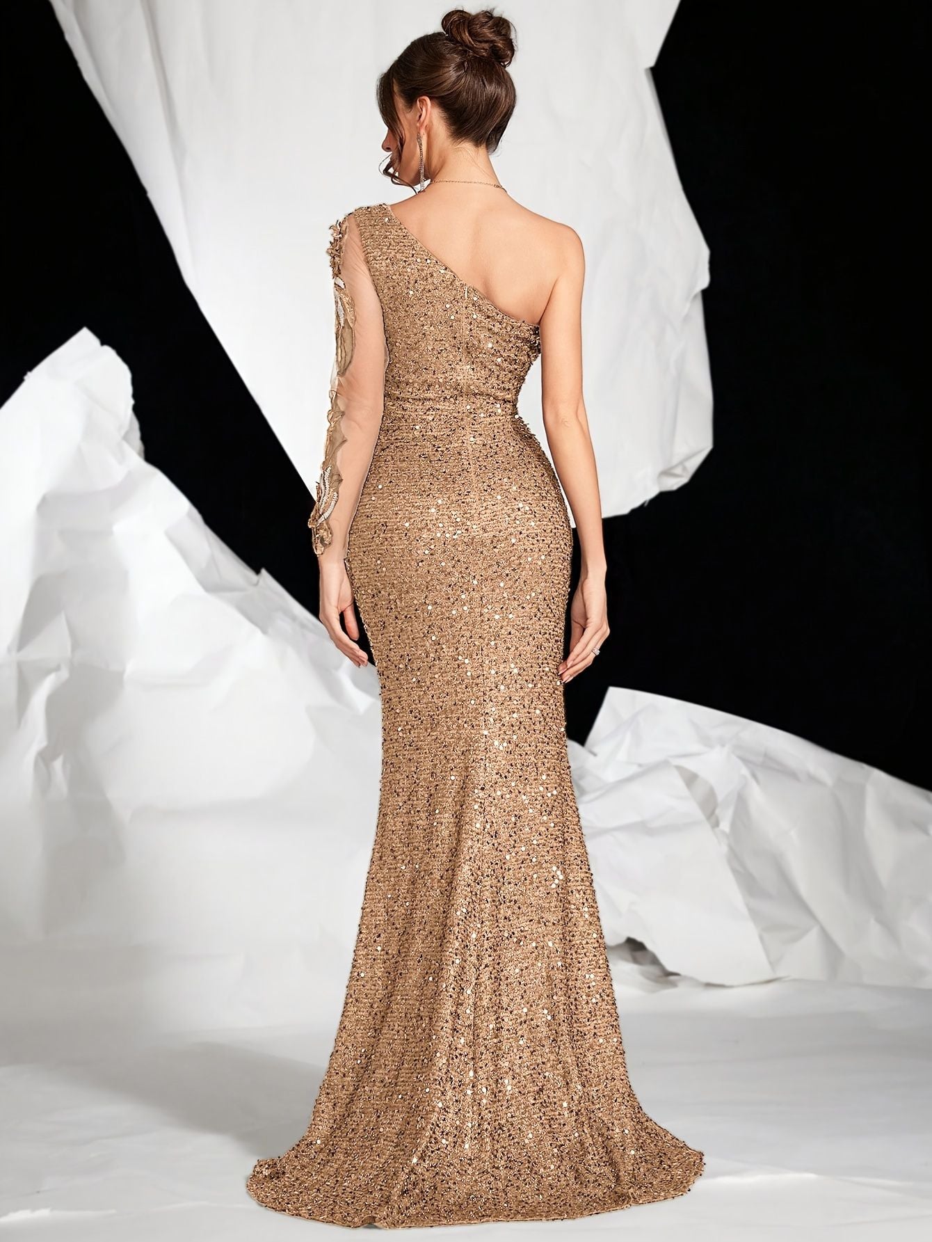 Women’s One-Shoulder Sequin Gown – Long Sleeve with Side Slit