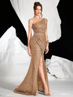Women’s One-Shoulder Sequin Gown – Long Sleeve with Side Slit