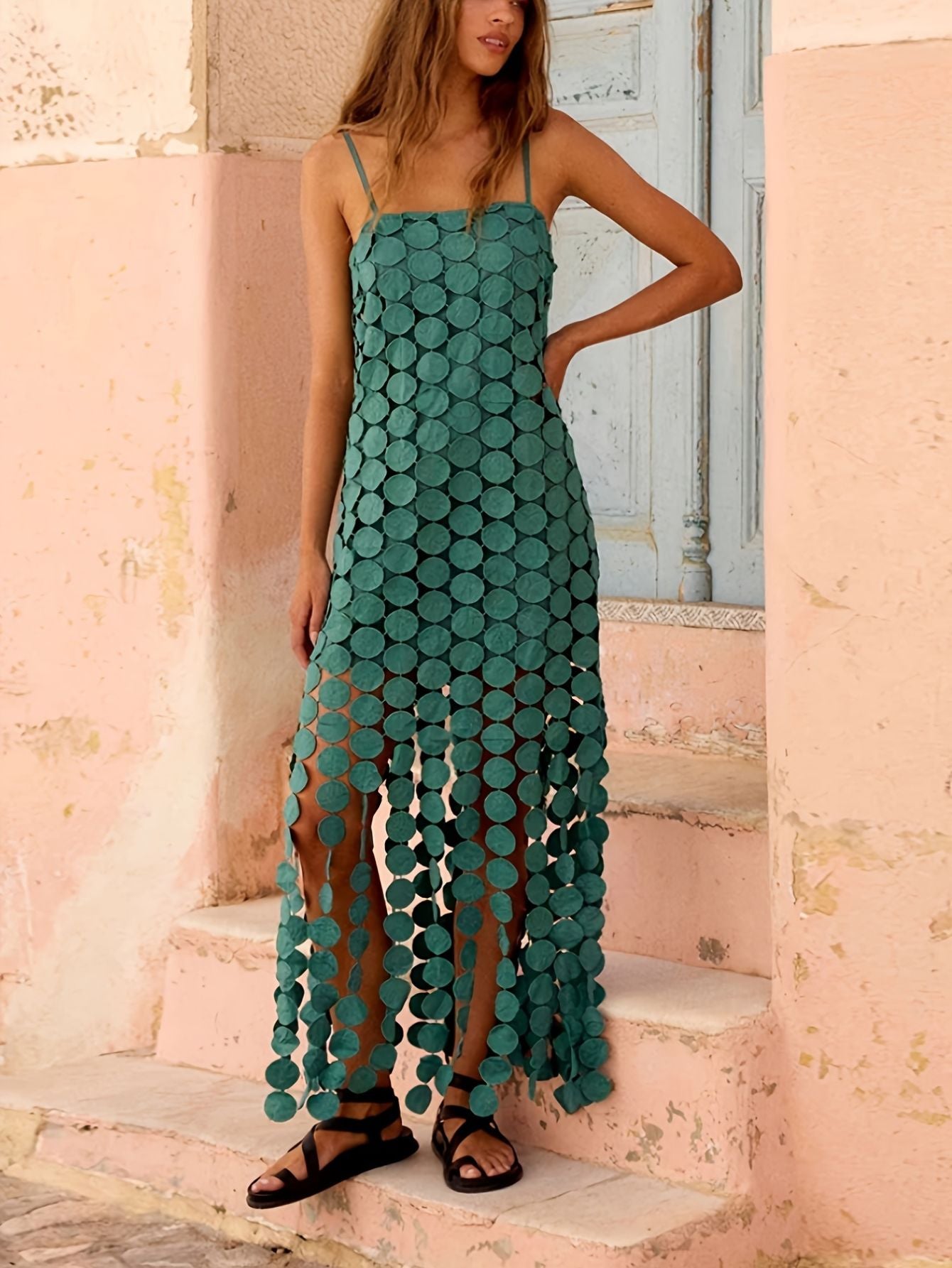 Women’s summer spaghetti strap midi dress with polka dot