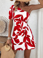 Women’s Floral Print One-Shoulder A-Line Mini Dress