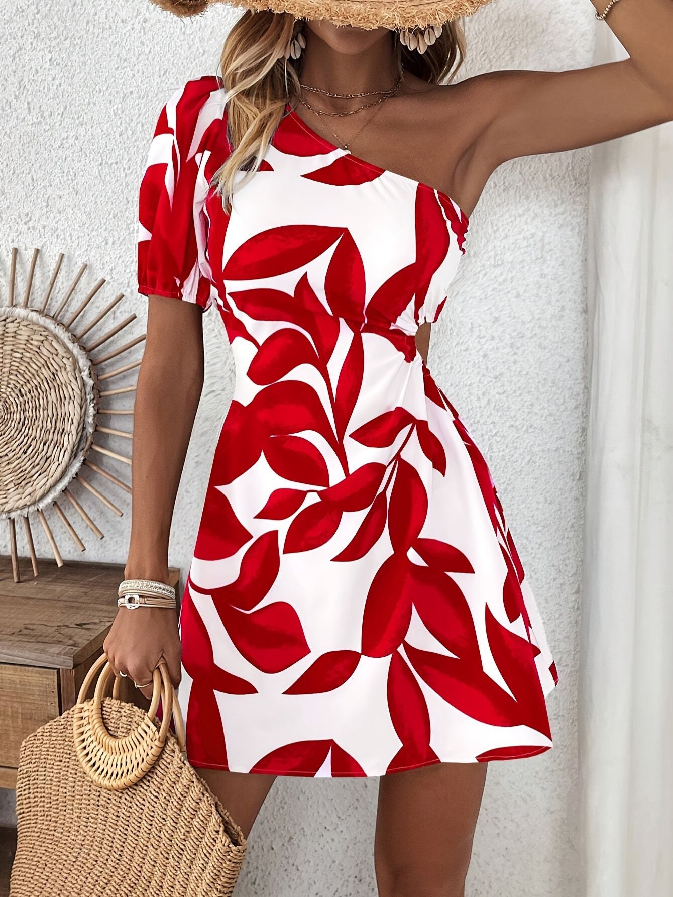 Women’s Floral Print One-Shoulder A-Line Mini Dress