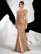 Women’s One-Shoulder Sequin Gown – Long Sleeve with Side Slit