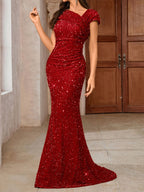 Women’s Sequin Asymmetrical Neckline Bodycon Gown