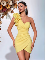 Women’s One-Shoulder Pleated Dress – Backless with Tie-Up Detail