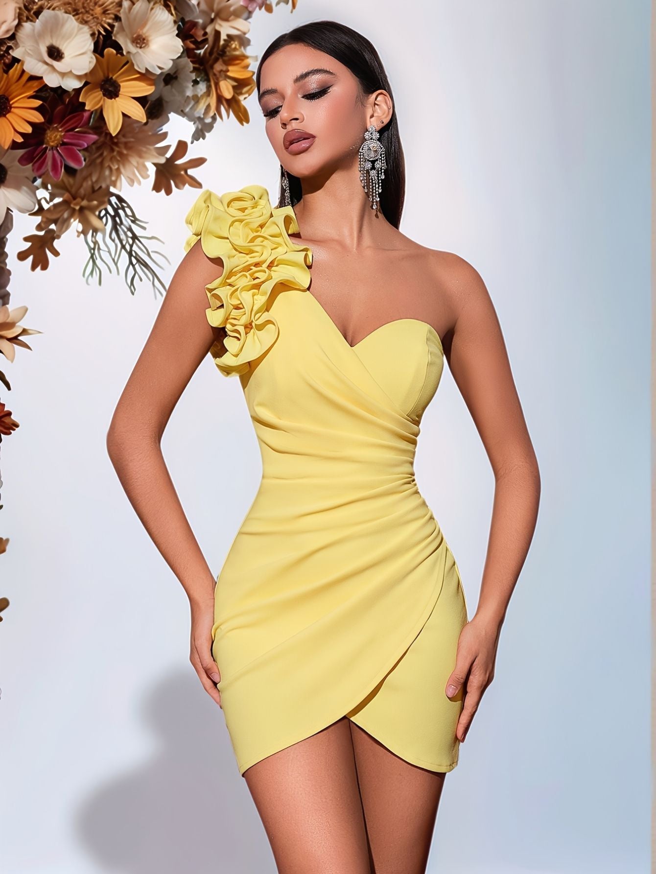 Women’s One-Shoulder Pleated Dress – Backless with Tie-Up Detail