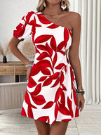 Women’s Floral Print One-Shoulder A-Line Mini Dress