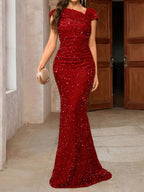 Women’s Sequin Asymmetrical Neckline Bodycon Gown