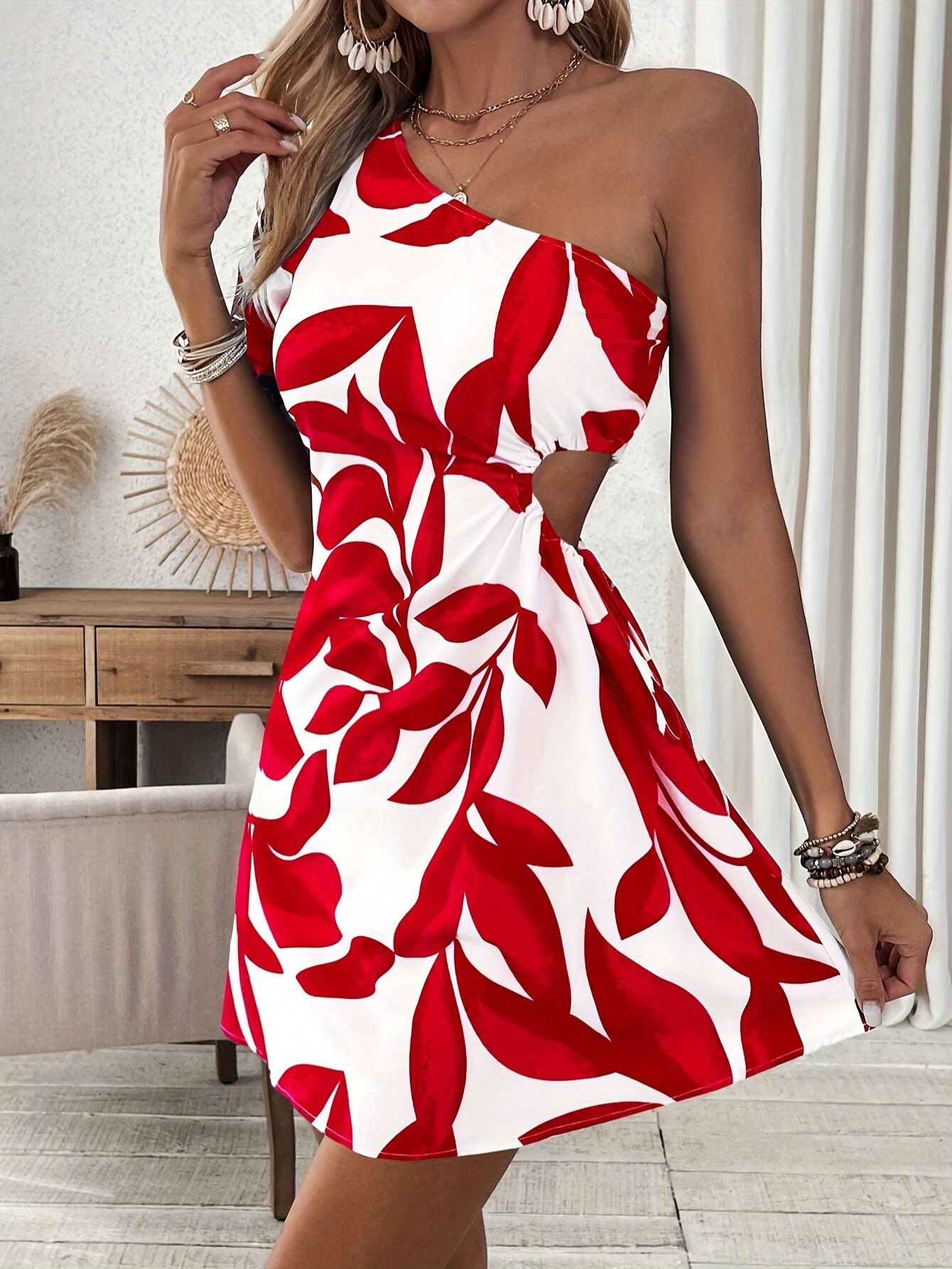 Women’s Floral Print One-Shoulder A-Line Mini Dress