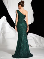 Women’s One-Shoulder Sequin Gown – Long Sleeve with Side Slit