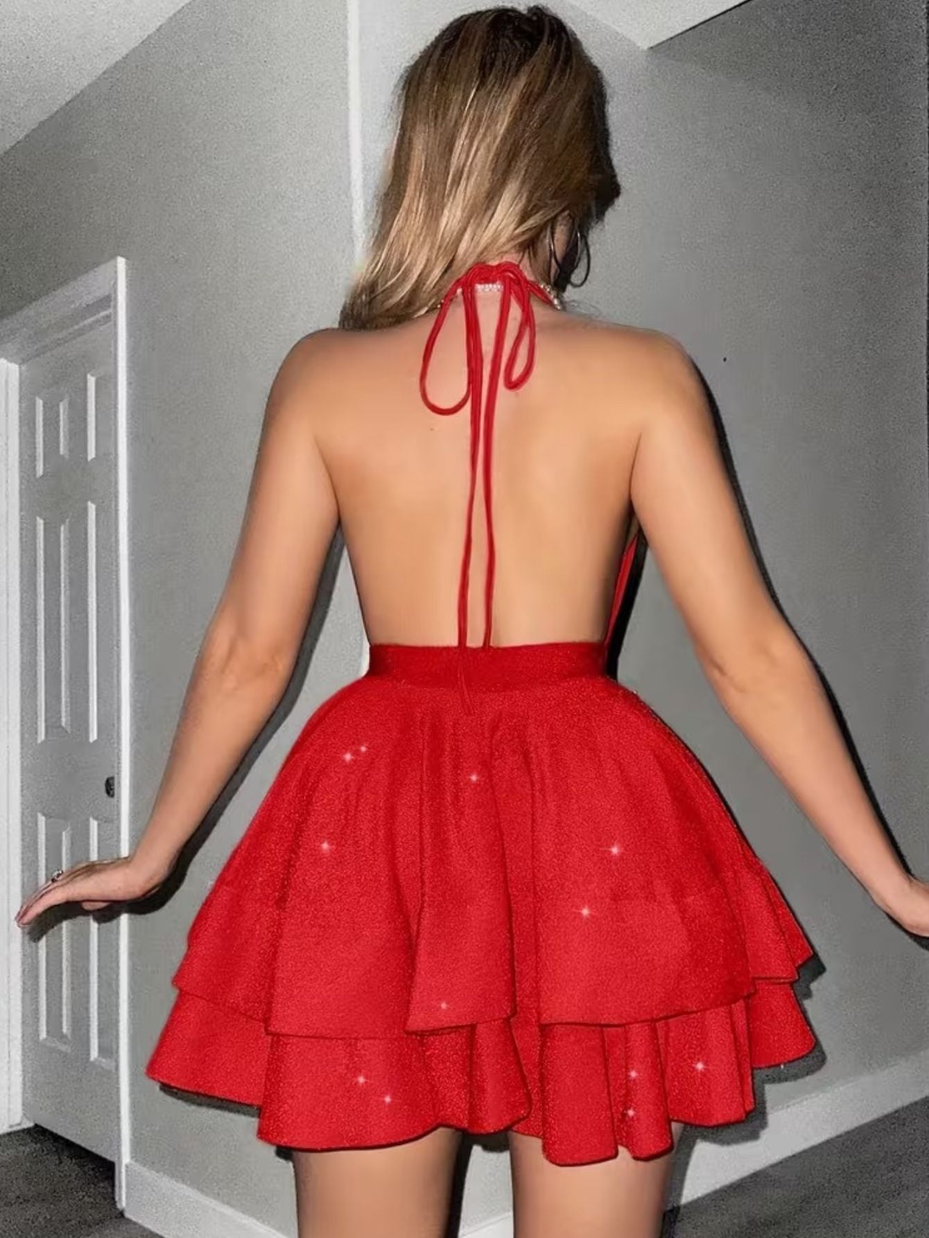 Women’s Deep V-Neck Backless Ruched Mini Dress